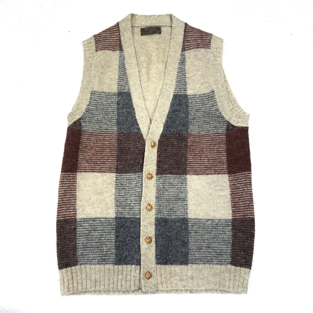 Vintage Thane Sweater Vest Mens Medium Beige Check Shetland Wool Knit Button Up